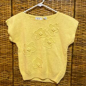 Vintage Herald House Pastel yellow Knit Short Sleeve Pullover flowers M